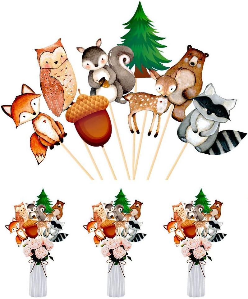 24pcs Woodland Animals Cake Topper, Baby Shower Decorations, Double-Sided Printed Forest Friends Centerpiece Sticks for Wild One Camping Party Supplies