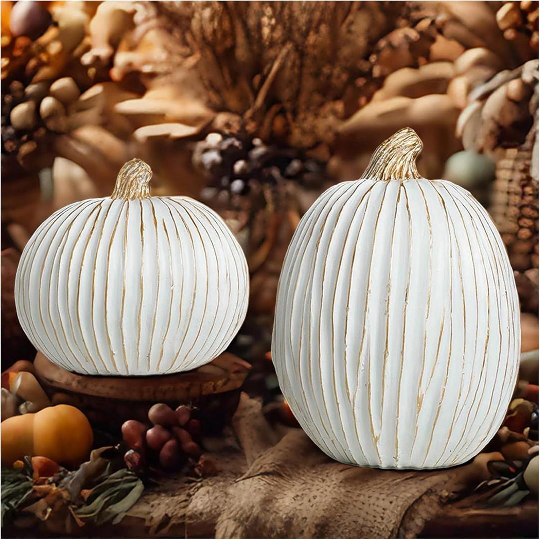 2PCS Autumn Pumpkin Decorations Harvest Festival Rustic Resin Pumpkin Decorations Carved White Pumpkin Statue Table Decorations for Halloween Weddings Fireplaces (B Thin line Pumpkin)