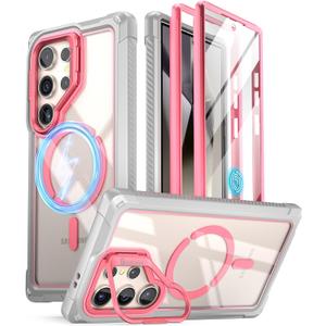 Poetic Guardian Case for Samsung Galaxy S24 Ultra 6.8", [Built-in Camera Stand] [Screen Protector Work with Fingerprint ID] Full Body Shockproof Protective Rugged Clear Cover, Pink/ Clear
