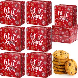 Tandefio 6 Pcs Christmas Cookie Tins with Lids for Gift Giving, 6.3 x 6.3 In Square Metal Holiday Empty Boxes Xmas Storage Containers for Storing Candy Cookie Biscuits Goody Treat Gifts (Red)