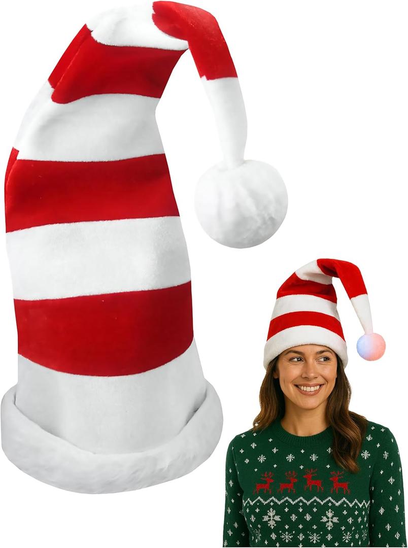 Nicky Bigs Novelties LightUp Elf Hat Peppermint Candy Stripe Elfs Hats  Long Bendable Red And White Christmas Santa Costume Cap with LED Pom Pom  One Size