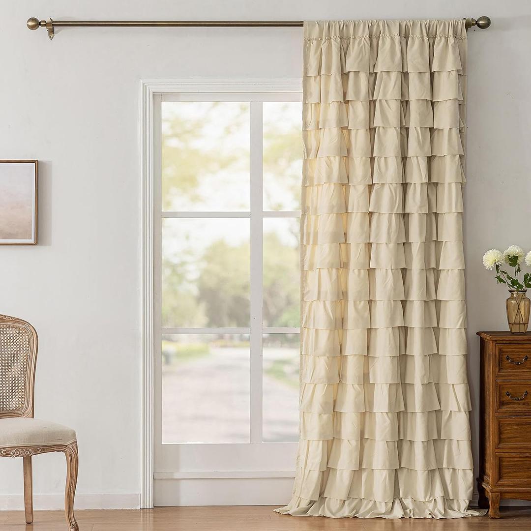 Beige Ruffle Curtain 95 Inch length 1 Panel Farmhouse Shabby Chic Gypsy Layered Ruffled Curtain for Living Room, Rod Pocket Privacy Light Filtering Semi-Sheer Boho Ruffle Window Drape, 52 x 95 Inch