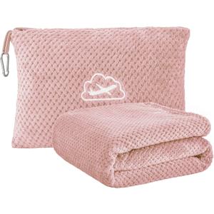 BEDELITE Travel Blanket and Pillow Set 2-in-1, Ultra-Soft Jacquard Fleece Blanket with Bag, Airplane Blanket with Luggage Sleeve & Backpack Clip Travel Essentials, Pink (40"x65")