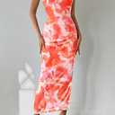 PRETTYGARDEN Women's Summer Wedding Guest Dress Strapless Tube Top Maxi Bodycon Long Floral Mesh Beach Vacation Party Dresses (Medium, Print Light Orange)