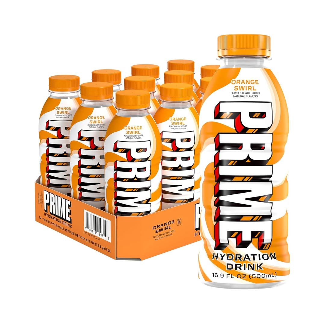 PRIME Hydration ORANGE SWIRL, Sugar Free Sports Drinks, Electrolyte Enhanced to Replenish Fluids, B Vitamins, Antioxidants, Made with Natural Flavors, 16.9 Fl Oz 12 Pack (EXP 05/16/27)