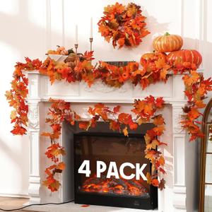 4 Pack Thanksgiving Decorations Fall Maple Leaf Garland 9ft Maple Leaves Pumpkin Berry Garland Thanksgiving Mantle Fireplace Farmhouse Harvest Decorations for Home Outdoor Indoor Porch (Orange)