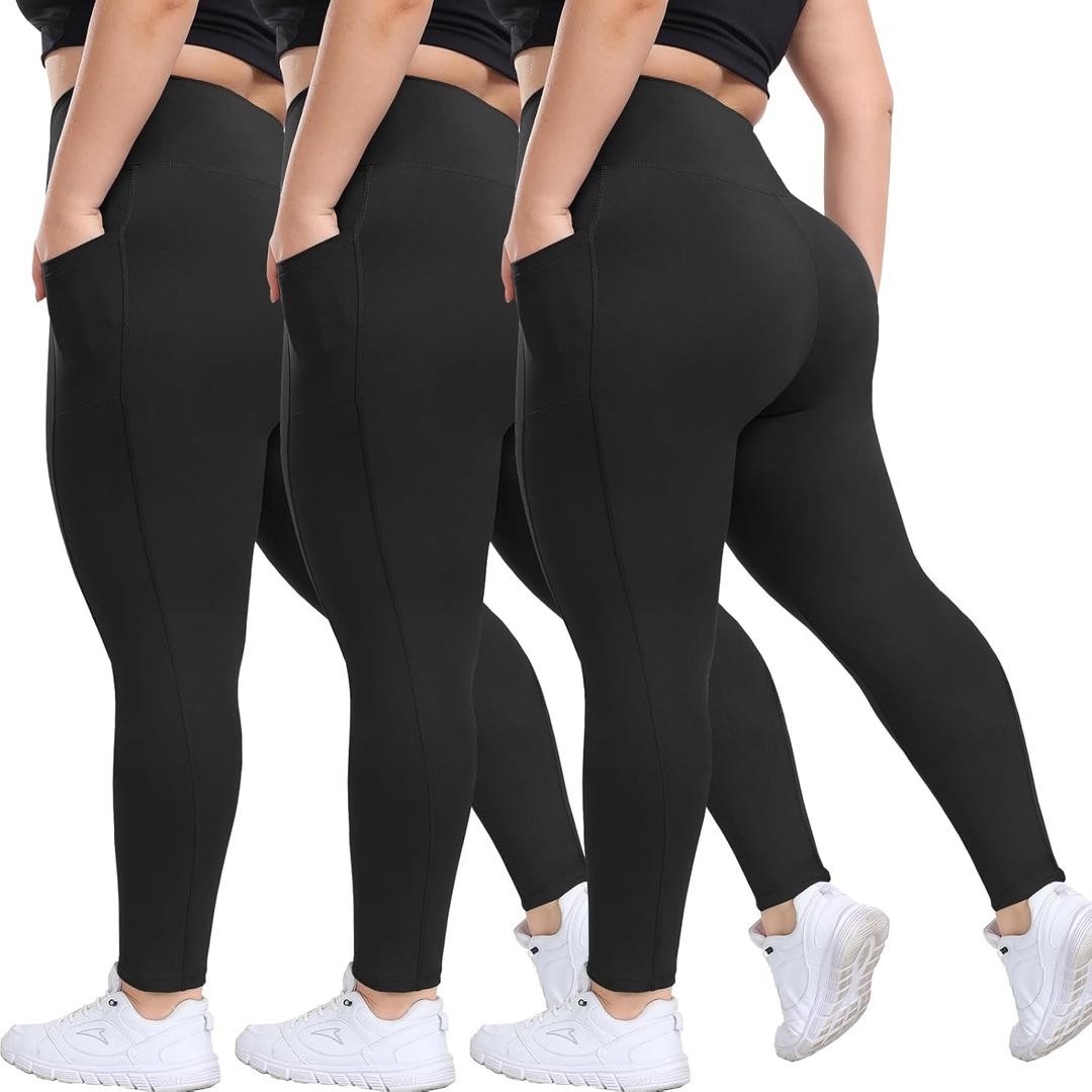 HLTPRO 3 Pack Plus Size Leggings with Pockets for Women - Black High Waisted Tummy Control Soft Yoga Pants for Gym Workout (Large-X-Large Plus)