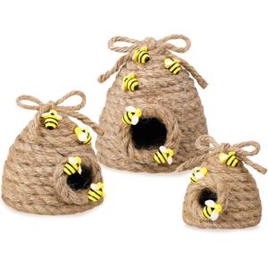 Jutom 3 Pcs Bee Hive Decor Honey Bee Tiered Tray Decor Summer Spring Honeybee Decorations Mini Jute Farmhouse Beehive for Kitchen Table Shelf Home Coffee Bar Themed Party(Vintage Color)