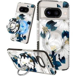 Lotadilo Cute for Google Pixel 8A Case - Compatible with Magsafe Magnetic Ring Holder Stand Kickstand for Women Girls Girly Funny Fashion Pretty TPU Phone Covers Blue Flower Design