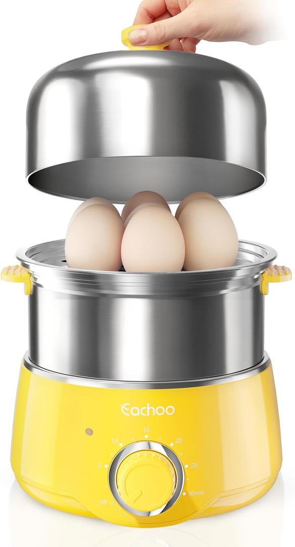 Hard Boiled Egg Cooker - CACHOO 14-Egg Rapid Stainless Steel Egg Boiler with 30-Min Timer & Auto Shut Off, Compact Electric Vegetable Steamer for Cooking, Dishwasher Safe, Retro Yellow