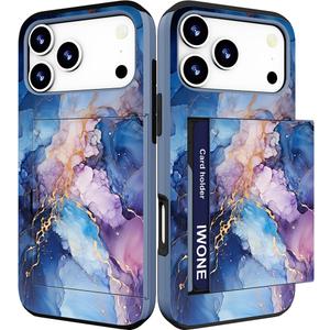 Compatible with iPhone 17 Pro Case with Card Holder Cute Shockproof Drop Protection Phone Wallet Slot Cover Cases for Women - Blue Purple Marble Stone