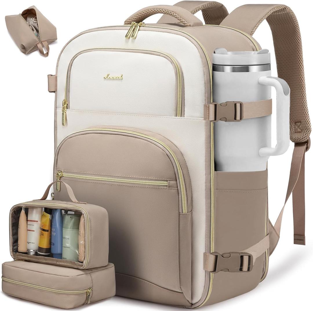 LOVEVOOK Travel Essentials Carry on Backpack 50L Travels Backpack for Women,Waterproof TSA Personal Item Travels Bag Airline Flight Approved,Large Carry on Luggage Laptop Backpack with Packing Cubes (Khaki - Beige White - Light Mud)