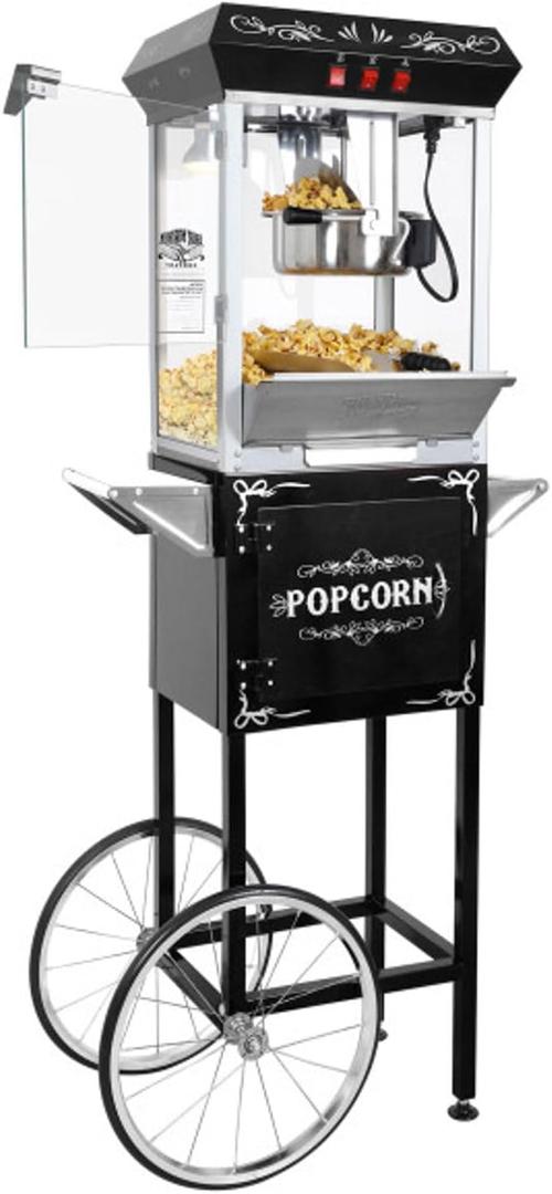 Foundation Popcorn Maker Machine with Cart - 8oz Stainless Steel Kettle Makes up to 48 Cups - Movie Theater Style Vintage Popcorn Machine Cart on Wheels by Great Northern Popcorn (Black)