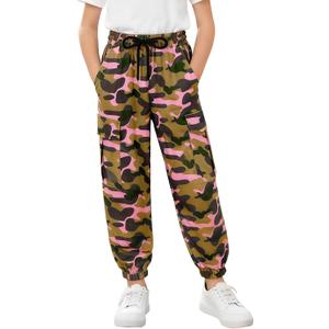 Girls Cargo Pant Cotton Elastic Waist Joggers Pants for Kids Hiking Training Sweat Casual Trousers with Pockets (Brown, M) 11-12Y