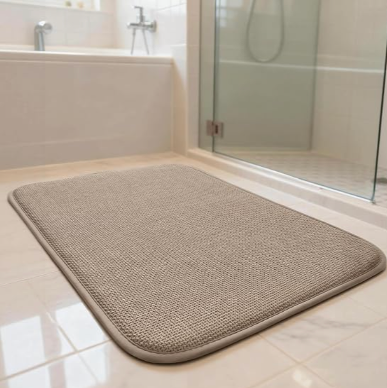 AREDO Thick Memory Foam Bathroom Mat, Soft Absorbent Polyester Bath Rug Quick Dry, Non Slip Shower Floor Rugs with Rubber Backing, Machine Washable (Brown, 24" x 16")