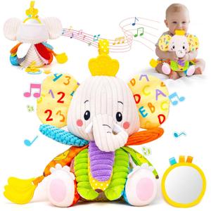 Baby Toys 3-6 Months, Musical Stuffed Elephant Toddler Toy for Newborn Infant 3 6 9 12 Months, Tummy Time Toys Montessori Sensory Toys 0-6 6-12 Months, Crinkle Paper, Mirror Soothing Music Shower Gift