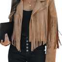 Faux Suede Leather Jackets For Women Trendy Fall Western Fringe Cropped Jacket 2025 Tassel Motorcycle Crop Coats (Brown, L)