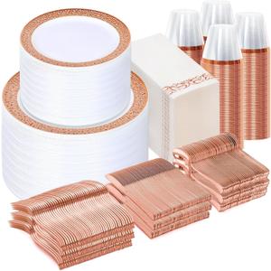 Sylans 700PCS Rose Gold Lace Disposable Dinnerware Set for 100 Guests