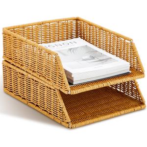 Yeaqee 2 Pcs Paper Tray Organizer for Desk Woven Letter File Organizer A4 File Tray Desk Paper Basket Letter Size Imitation Rattan Holder Organization Rack for Office Storage(Brown,Sleek Style) Yeaqee 2 Pcs Paper Tray Organizer for Desk Woven Letter File Organizer A4 File Tray Desk Paper Basket Letter Size Imitation Rattan Holder Organization Rack for Office Storage(Brown,Sleek Style)