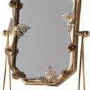 Vintage Gold Tabletop Makeup Mirror, Bird & Butterfly Decorative Vanity Mirror, 12.8 x 8.2 Retro Metal Standing Mirror for Dresser, Bedroom, and Bathroom