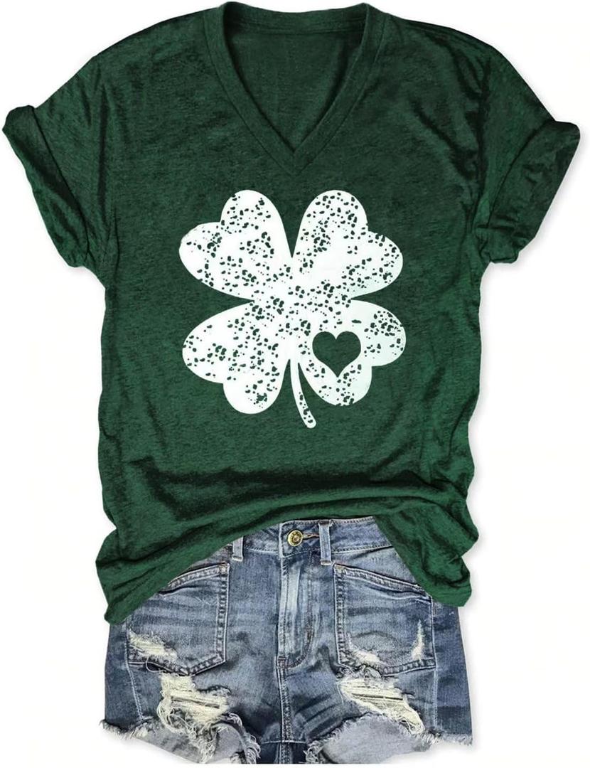 Butovek Womens St Patricks Day V Neck Shirt Funny Lucky Irish Shamrock Graphic Short Sleeve Tops Casual Spring Tees (Green, L)