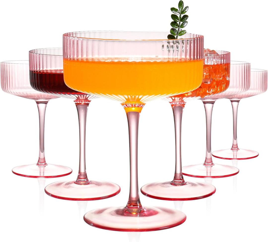 6 Pcs Ribbed Coupe Glasses, 10 oz Pink Martini Glasses Set, Cute Espresso Martini Glass & Champagne Coupe Glass, Elegant Bar Glassware for Cocktails, Wine, Outdoor Entertaining & Gifts