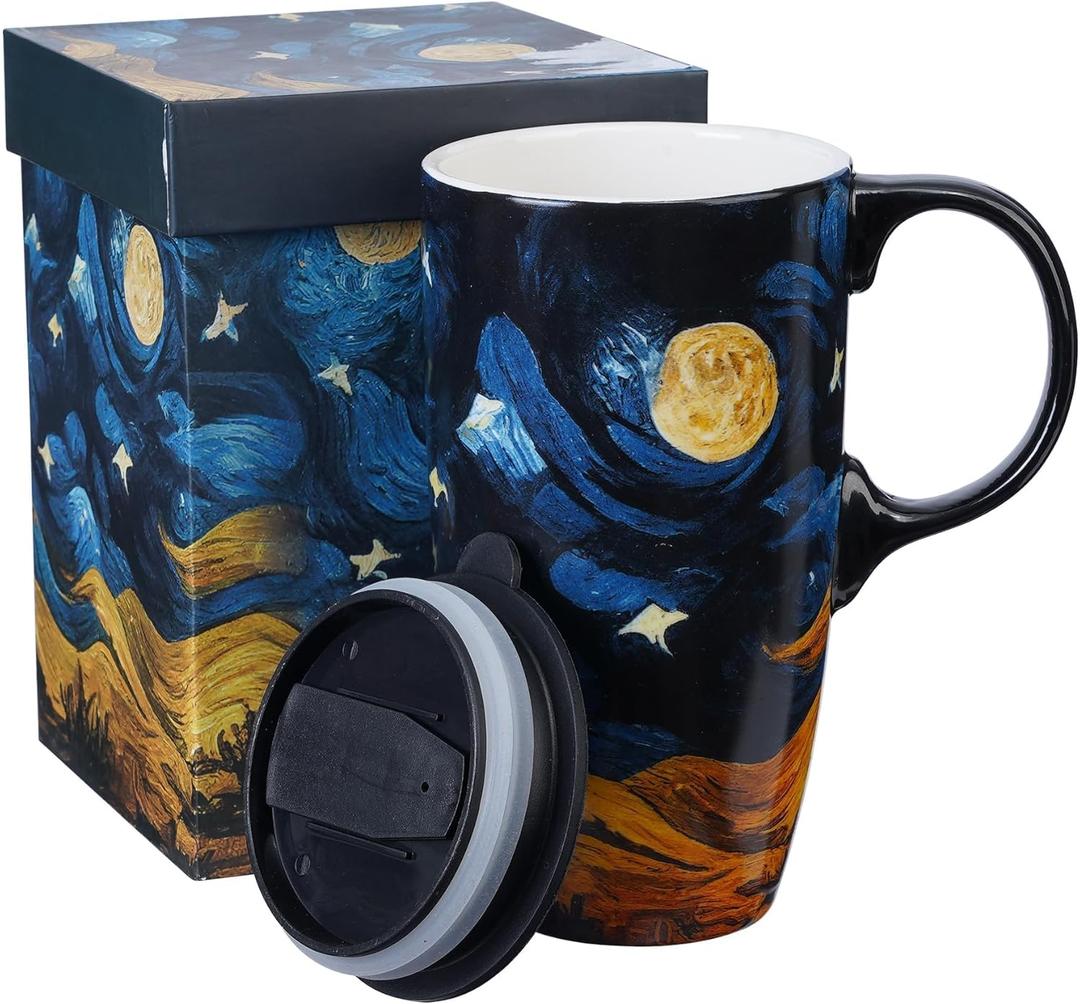 Topadorn Ceramic Coffee Travel Mug with Lid and Handle - 17 Oz Large Ceramic Latte Teacup with Color Box, Splash Resistant Lid - To Go Tumbler for Car Cup Holder, Starry Sky