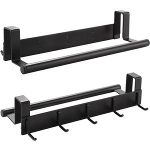 Over The Cabinet Door Towel Bar with Hooks, Kitchen Towel Holder with Hooks for Hanging Utensils, Bathroom Over The Cabinet Door Organizer with Hook 2 Pack, Matte Black