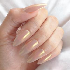 6 x GLAMERMAID Chrome Press On Nails Medium Almond, White Handmade Metal Fake Nails Stiletto, Glitter Glazed Donut False Nail Short Oval, Glossy Natural Reusable Acrylic Stick Glue on Nails Kit for Women