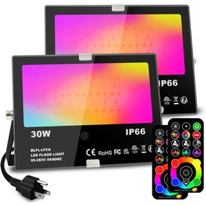 MELPO 30W Led Flood Light Outdoor 300W Equivalent, Color Changing RGB Lights with Remote, 120 RGB Colors, Warm White 2700K, Timing, Custom Mode, Uplight Landscape Lights,IP66 US 3-Plug (2 Pack)