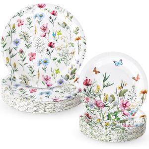 Whaline 40 Pcs Wildflower Paper Plates Floral Flower Party Decoration 7 In & 9 Inch Disposable Dessert Plates for Spring Summer Picnic Birthday Bridal Shower Baby Shower Party Tableware Supplies