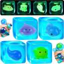 4 Pack Blue Squeeze Cube with Luminous Sea Animals InsideSquishy Stress Fidget Gummy Toys Glow in The Dark Animal Maltose Sensory Toys for Kids Autism , Stress Balls for Anxiety Stress Relief (Small)