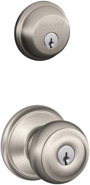 SCHLAGE Satin Nickel FB50N V GEO 619 B60 Single Cylinder Deadbolt and F51 Entry Georgian Knob Keyed Alike, Finish, Security Set