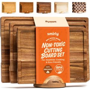 SMIRLY Wood Cutting Boards For Kitchen Meal Prep & Serving, Bamboo Cutting Board Set, Charcuterie Chopping Boards and Wooden Cutting Boards for Kitchen (3 Pack With Holder)