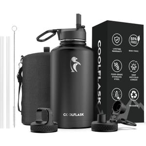 64 oz Water Bottle Insulated with Straw & 3 Lids, Coolflask Large Metal Stainless Steel Water Jug Big Half Gallon Wide Mouth for Sports, Gym or Office, Non-BPA Keep Cold 48H Hot 24H, Magic Black