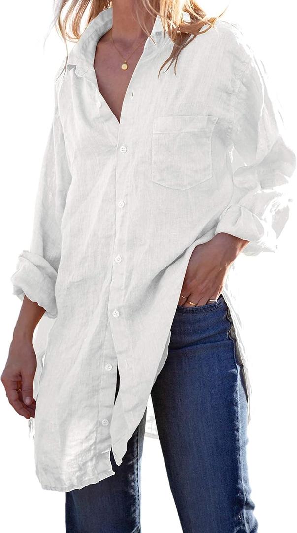 Runcati Womens Button Down Shirts Linen Cotton Long Sleeve Blouse Tunic Tops Cover Up Shirt Loose Beach Bikini Dress XL