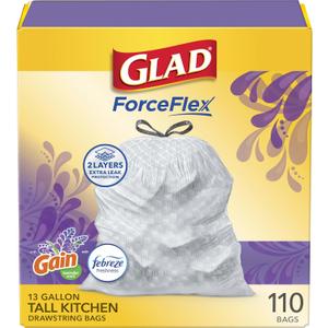 Glad ForceFlex Tall Kitchen Trash Bags, 13 Gal, Gain Lavender with Febreze, 110 Ct 