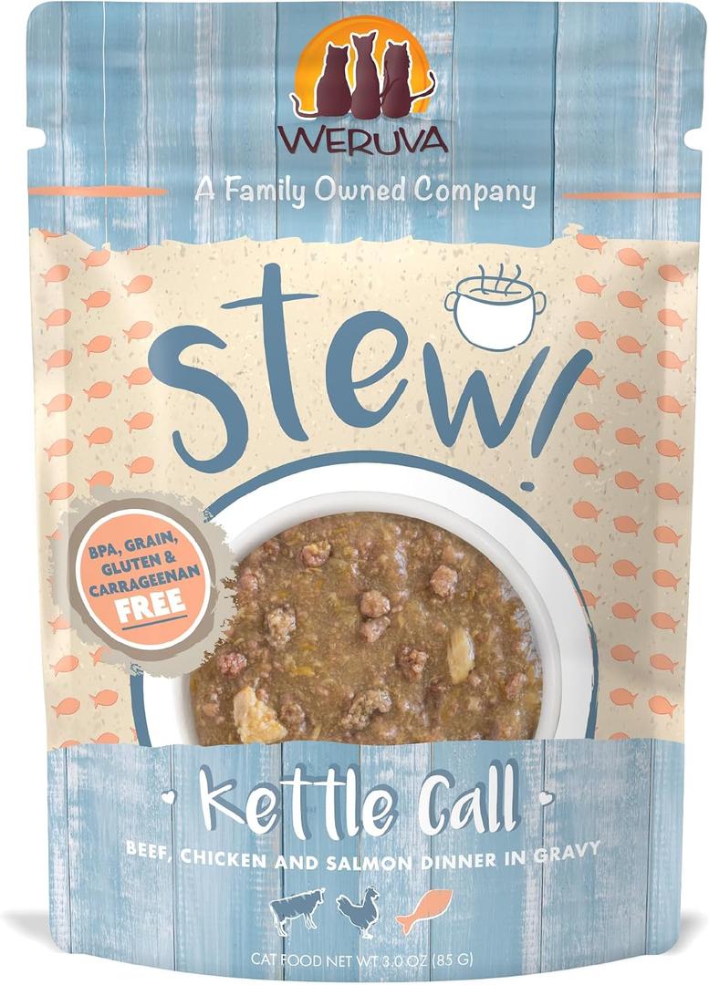 Weruva Classic Cat Stews!, Kettle Call with Beef, Chicken & Salmon in Gravy, 3oz Pouch (Pack of 12) (EXP 08/26/26)