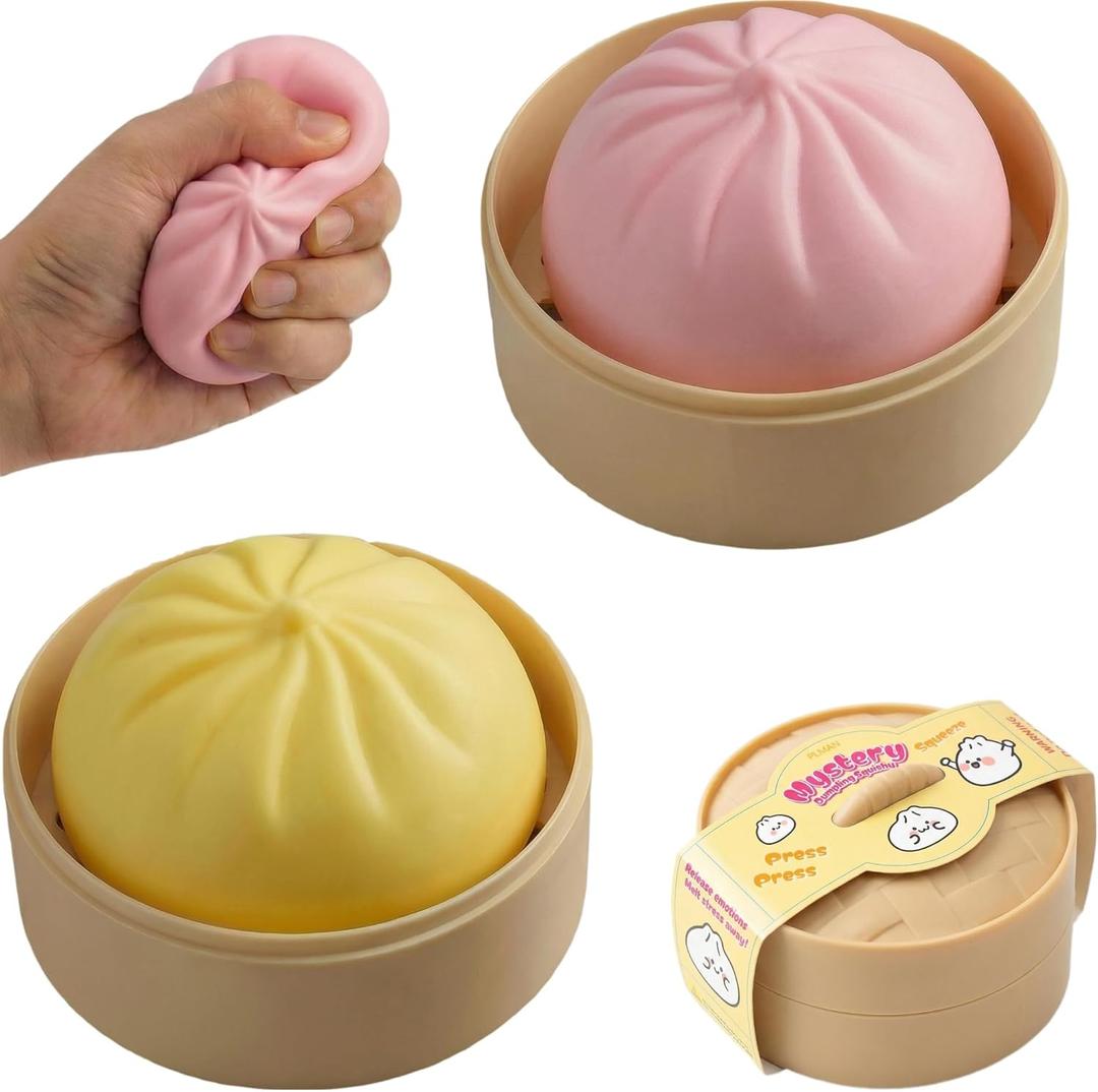 2PCS Squishy Dumpling Mystery Dumpling Squishy, Dumplings Toy for Stress Relief, Dumpling Stress Ball Large Squeeze Dough Ball Stress Relief Toy for Adults & Teens (Yellow & Pink)