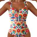 Aleumdr Vintage One Piece Swim Suit for Women 2026 Tummy Control Bathing Suits with Padding Full Coverage Swimsuit Print Floral Slimming Swimwear Orange Small