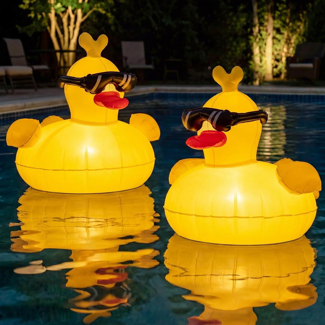 Solar Floating Pool Lights, RGBW Color Changing 12-LED 20H Runtime with Remote, Pool Party and Garden Pond Decor, Cool Sunglasses Duck 2-Pack