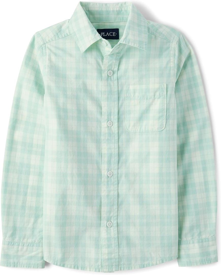 The Children's Place Boys Long Sleeve Button Down Shirts (Large, Mint Cream)