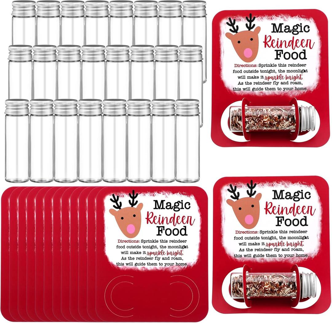 Kigeli 48 Pcs Christmas Reindeer Food Glass Jar Filled Glitter Attached Paper Card Christmas Eve Present Christmas Eve Gift, Christmas Party Favor, Christmas Eve Tradition (Red)