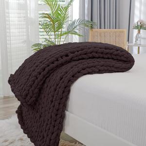 Bigacogo Chunky Knit Throw Blanket for Couch, 51x63 inches, 100% Hand Knitted with Thick Jumbo Chenille Yarn, Cozy Soft Large Rope Knot Cable Crochet Blankets for Sofa Bed Living Room, Chocolate
