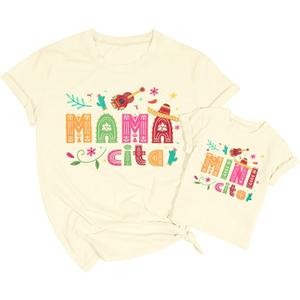 Mexican Shirt Women Mexico T-Shirt Cinco De Mayo Tee Mexican Party Shirt Mama Mini Matching Shirts Vacation Tops (Beige)