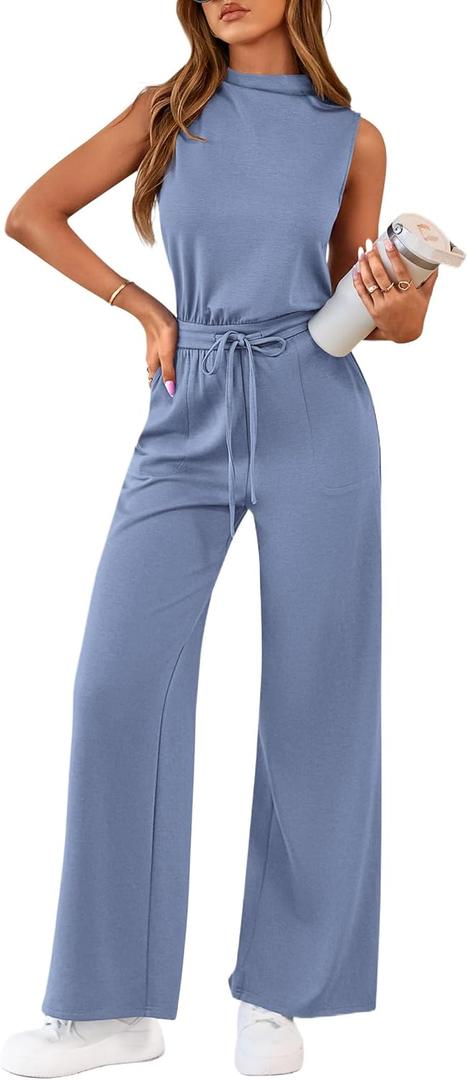 PRETTYGARDEN One Piece Jumpsuits for Women Dressy Summer Business Casual Outifts Sleeveless Mock Neck Wide Leg Rompers(Haze Blue,XX-Large) 
