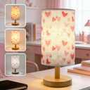 Boho Kids Table Lamp for Bedroom Girls Bedside Lamps,3-Way Dimmable Wood Base Nightstand Night Light with Pink Heart Pattern Lampshade for Living Bedroom Kids Room Office or Home Decor,Gifts for Woman