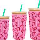 3 Pack Reusable Sleeve for Iced Coffee Cup, Coffee Neoprene Sleeve for Iced&Hot Drinks, Coffee Sleeve Compatible with Starbucks, Dunkin Coffee Cup. (Cherry&Bow)