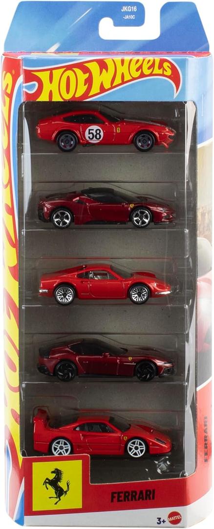 Hot Wheels Toy Ferrari Cars, Die-Cast 5-Pack in 1:64 Scale, Officially Licensed Set of 5 Ferrari Collectible Vehicles for Play or Display