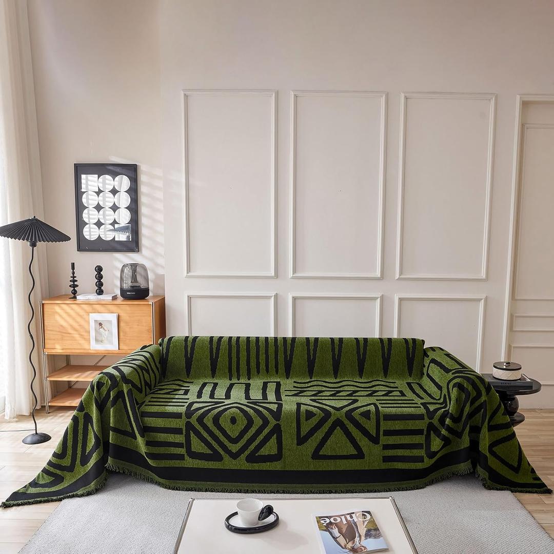 VClife Boho Couch Cover for 3 Cushion Couch Chenille Sofa Cover for Sectional Sofa, Modern Forest Green Sofa Slipcover Washable Couch Covers for L-Shape Sofa Reversible Sofa Protector 71''x134''